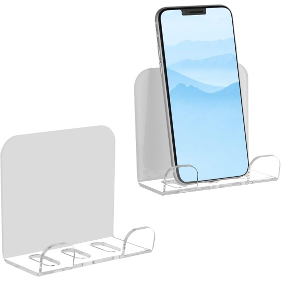 2 Pcs Wall Mount Phone Holder, Smartphone Charging Stand Wall Rack, Bedside Organizer Storage Bracket Compatible with Most Phones and Mini Tablets for Home Office Bedroom Living Room