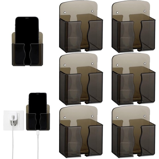 6 Pcs Wall Mounted Phone Holder Self Adhesive Cell Phone Stand with Charging Hole Acrylic Remote Control Stand Bedside Organizer for RV Bed Desk Shower Most Smartphone(Black,Classic Style)