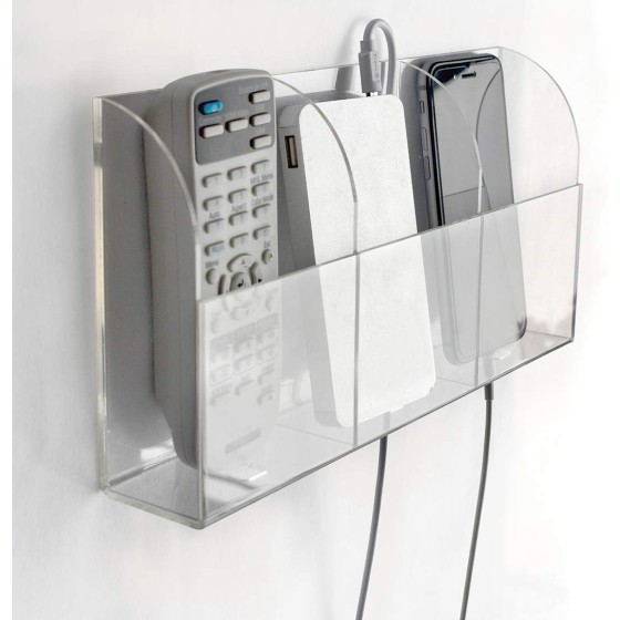 Clear Wall Mounted Charging Phone Holder Smart Phone Station TV Remote Control Holder Wall Box (3 Holes)