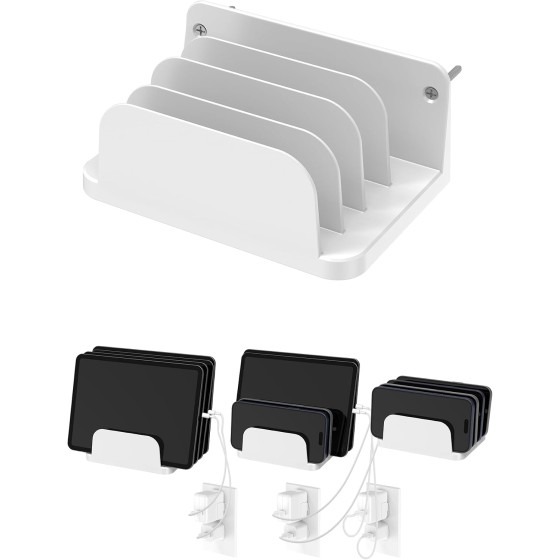 Wall Mount Phone Holder for Smartphones and Tablets, Phone Shelf with 4-Slot Docking Station Compatible with Tablet, ipad, Kindle Wall Charging Organizer