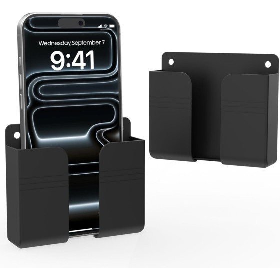Wall Mounted Phone Holder with Adhesive, No-Drill Phone Stand for Charging, Built-in Cable Slot, Phone Holder for Bathroom, Bedroom, Kitchen, RV, Compatible with iPhone & Android