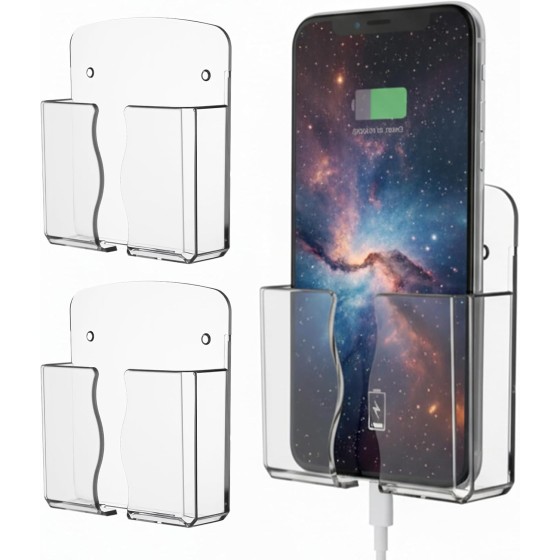 2 Pcs Wall Mounted Phone Holder, Clear Self Adhesive Stand with Charging Hole, Compatible with Smartphones, Bedside Organizer for Home Office
