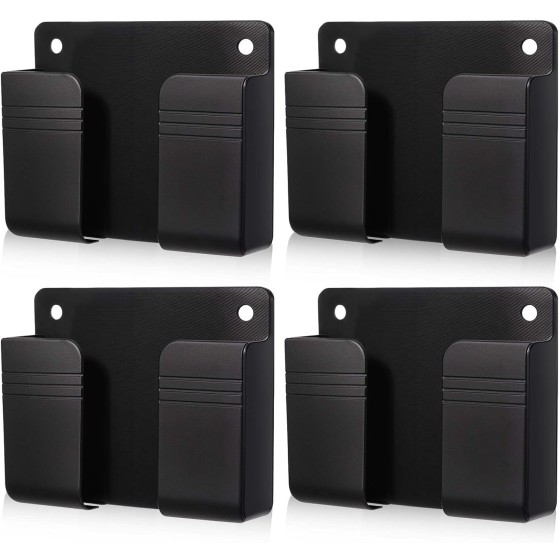 4 Pack Wall Mounted Phone Holder, Phone Stand Self Adhesive with Charging Hole, Compatible with All Smartphone Phone Cradle Bedside Organizer Remote Control Stand for Home Office