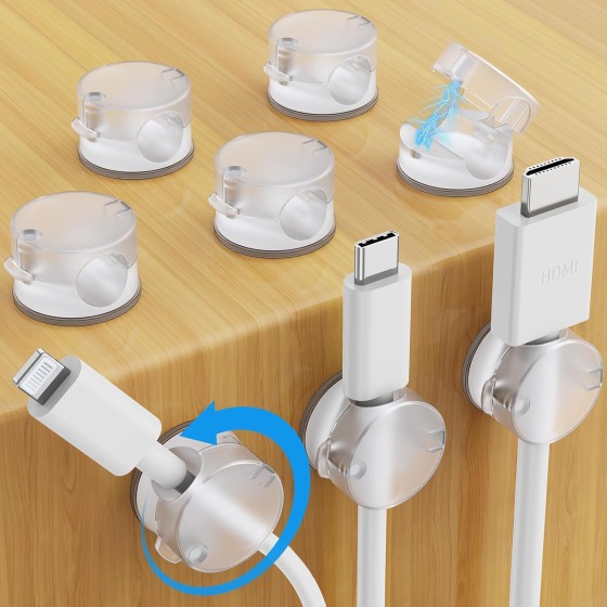 8 Pack Magnetic Cable Clips, Upgraded 360° Rotatable Cord Holder Clips for Nightstand, Desk Cord Organizer Adhesive Wire Management Home Office Phone Charging Cords USB Cable Keeper (Clear)