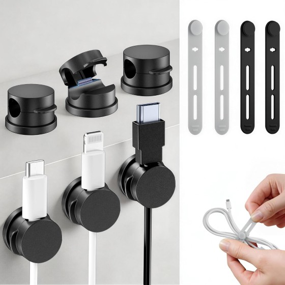 10 Pack Rotatable Cord Holder Organizer & Silicone Cable Straps Set | Adhesive Cable Clips Holder for Desk, Wall, Car - Wire Management Clips for iPhone Charger, USB, Computer Cables Cord Keepers