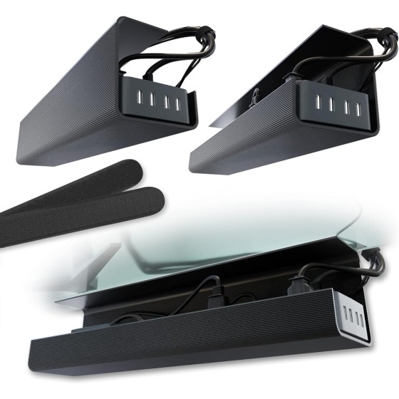 No-Screw Under Desk Cable Management Tray - Self-Adhesive Installation, Cord Management, Cable Tray, Under Desk Wire Organizer - Black Set of 2