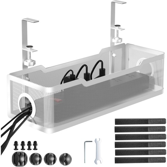 Under Desk Cable Management Tray White, Wire Organizers No Drill, Cable Tray with Clamp for Wire Management, Cord Organization Box for Office, Home - No Damage to Desk